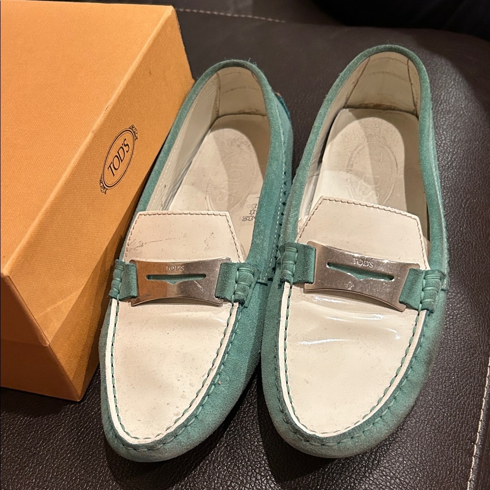 Tod's Mint Green and Cream Loafers